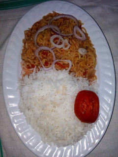 A picture of Indomie with rice.