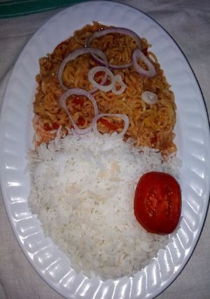 A picture of Indomie with rice.