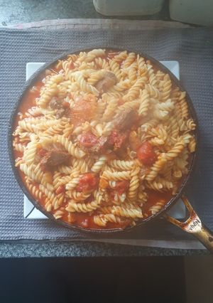 A picture of Beef Rump Steak Pasta in Tomato Sauce.