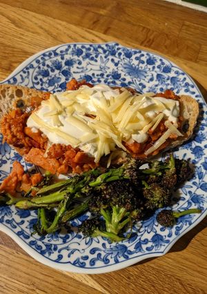 A picture of Salmon Nachos mince toast from Fridge raid leftovers.