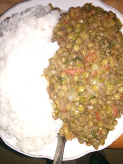 A picture of Plain rice and western ndengu stew.