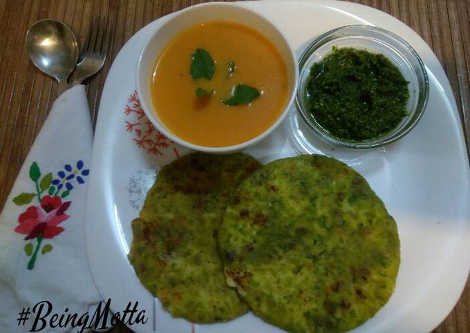Paneer stuffed peas parathas and tomato carrot soup