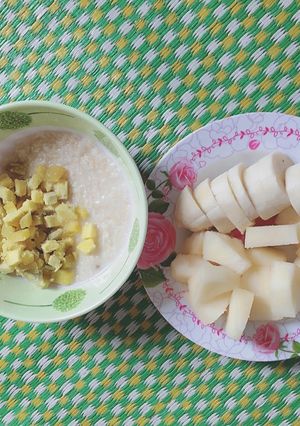 Hình của món Cháo yến mạch khoai lang,hoa quả cho buổi sáng cho Gymer.