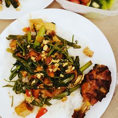 A picture of Tofu and Ong Choi (Kang Kung) stir fried dish.