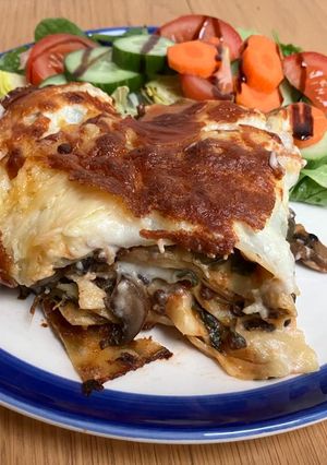 A picture of Lentil, spinach & mushroom veggie lasagne.