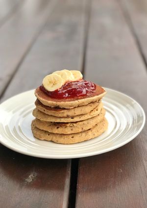 Una foto de Panqueques veganos de banana y avena