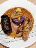 Duck Tenders with Honey, Balsamic Vinegar, and Sesame, Vitelotte Potatoes Two Ways: Fan-Roasted and Mashed