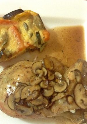 A picture of Roast Chicken with Wild Mushroom and Madeira Roasting Juice.