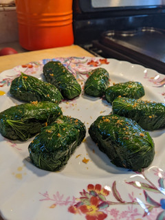 A picture of Wild Mustard garlic leaf and red dead nettle & wild onion dolmas.
