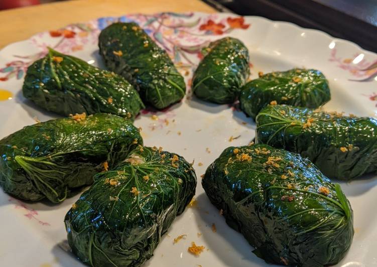 Wild Mustard garlic leaf and red dead nettle &amp; wild onion dolmas