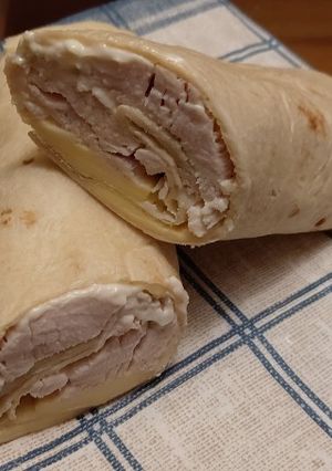 A picture of My leftover turkey mayo wrap.