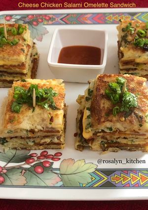A picture of Cheese Chicken Salami Omelette Sandwich.