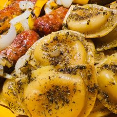 A picture of Sheet Pan Pierogis with Italian Sausage.