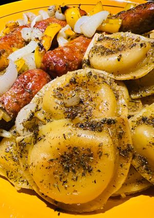 A picture of Sheet Pan Pierogis with Italian Sausage.