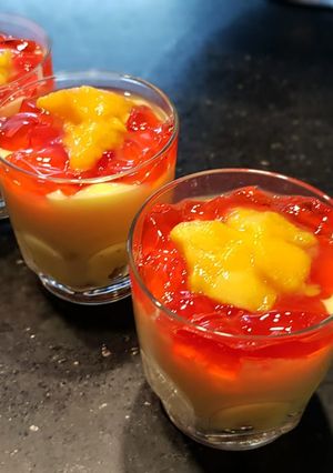 A picture of Mango Custard Shots #Mangomasti.