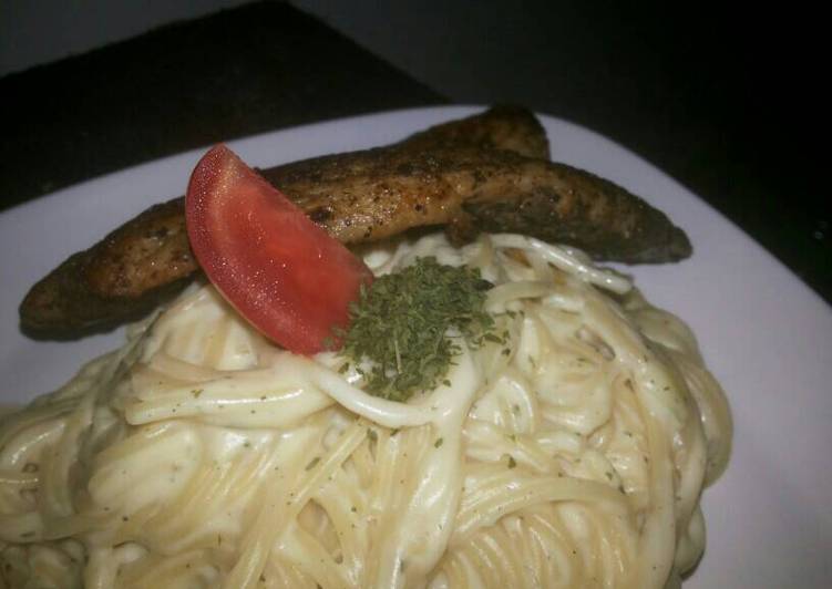 Cheesy Carbonara Spaghetti and Grilled Dory with Herbs