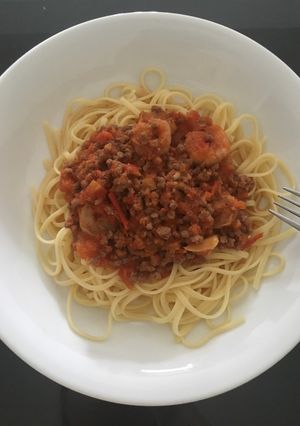 Hình của món Mỳ ý sốt bò bằm.