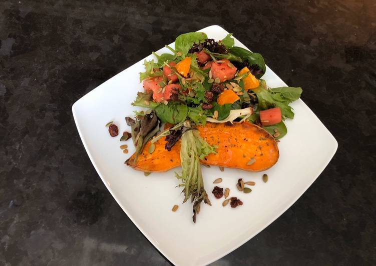 Tasty And Delicious of Baked Sweet Potatoes and Watermelon Green Salad