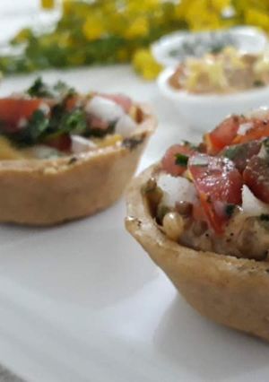 A picture of Katori Chaat with Russian Salad Filling.