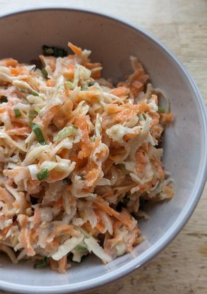 A picture of Indian-inspired celeriac slaw (vegan).