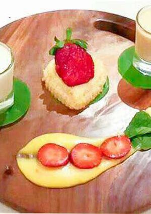 A picture of Galangal Cake with Tofu Pudding, Saffron and Lime custard Coconut Lemongrass sorbet.