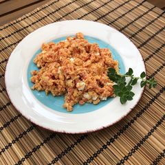 A picture of Tomato and feta eggs aka strapatsada.