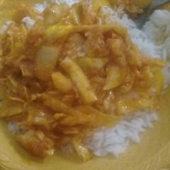 A picture of White rice with cabbage sauce.