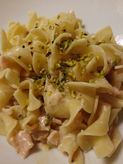 A picture of Pasta With Smoked Salmon and Pistachio Nuts.