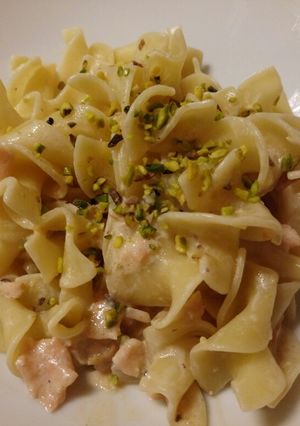 A picture of Pasta With Smoked Salmon and Pistachio Nuts.