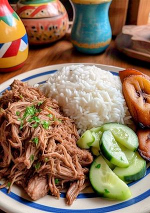 Una foto de Carne Desmechada con Maduro Frito y Ensalada 🥩🍌🥗