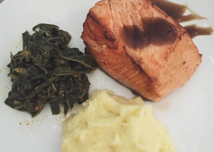 Salmon daun singkong +mashed potato