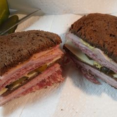 A picture of Salami Swiss and Ham on Rye.