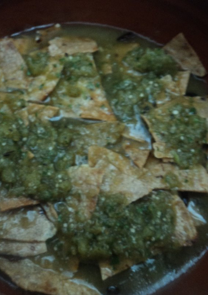 Una foto de Totopos Veganos con salsa de tomatillo de milpa rancheros tipo chilaquiles que no pican