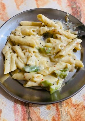 A picture of White sauce pasta.