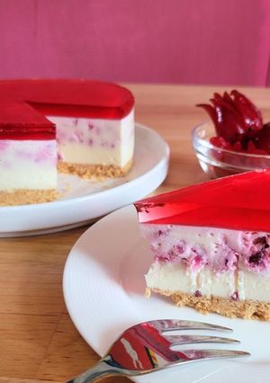 A picture of No-Bake! Multi-Layered Roselle Peanut Cheesecake with a Sweet and Tart Flavor.