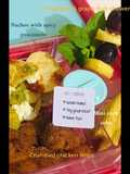 Nachos, crumbed chicken pieces, mini corn cobs, pineapple grape and mint fruit skewer