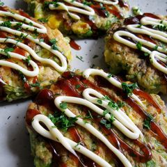 Cabbage Outer Leaves & Seafood Okonomiyaki A picture of Cabbage Outer Leaves & Seafood Okonomiyaki.