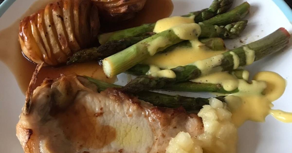 Brined Pork Chops with Hasselback Potatoes, tender, buttery Asparagus