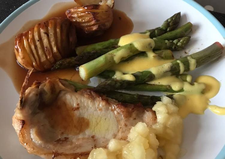 Steps to Make Super Quick Homemade Brined Pork Chops with Hasselback Potatoes, tender, buttery Asparagus and sharp Hollandaise Sauce