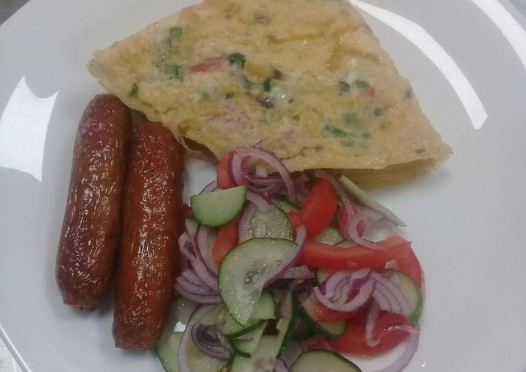 Spanish Omellette, deep fried sausages n cucumber onions salad
