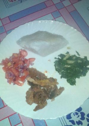 A picture of Ugali,, beef and steamed spinanch.