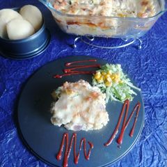 A picture of Baked Idli with White Sauce(leftover idli).