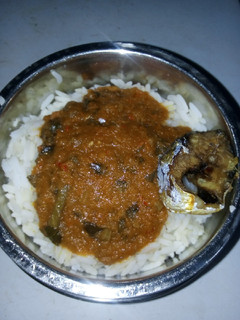 A picture of Rice and stew with fish.