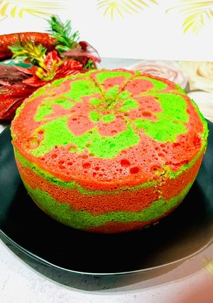 Foto resep 342. Bolu Zebra Merah Hijau| Sponge Cake Rice Cooker