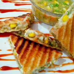 A picture of Chinese indian style veg grilled sandwich.