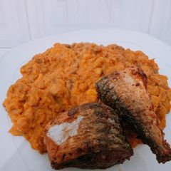 A picture of Soft delicious beans and plantains with fried spicy Titus fish.