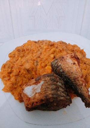 A picture of Soft delicious beans and plantains with fried spicy Titus fish.
