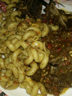 A picture of Macaroni jolof wit pepper soup.