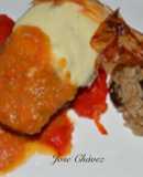 Berenjena rellena pimientos asados, arroz basmati y frutos secos