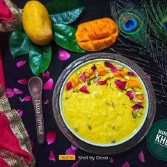 A picture of Mango Rice Kheer / Mango Rice Pudding.